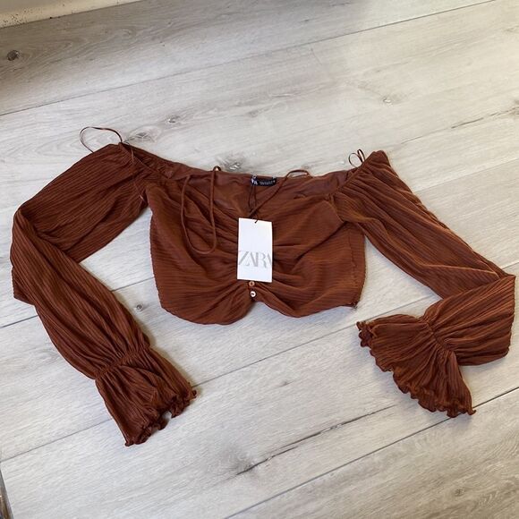 ZARA WOMAN BROWN PLEATED TOP MIDRIFF L NWT - Picture 3 of 5